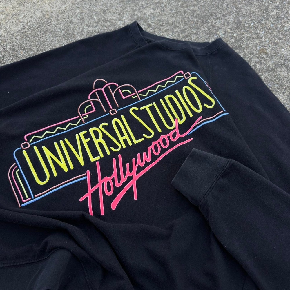 Vintage 90s Universal Studios Hollywood Neon Crewneck Black Park Mens 2XL (b2)
